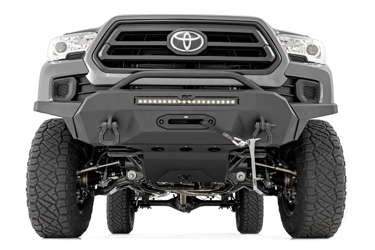 Rough Country Front Bumper Hybrid with 12000 Lb Pro Series Winch Synthetic Rope and 20 Inch DRL LED Light Bar 16-22 Toyota Tacoma Rough Country