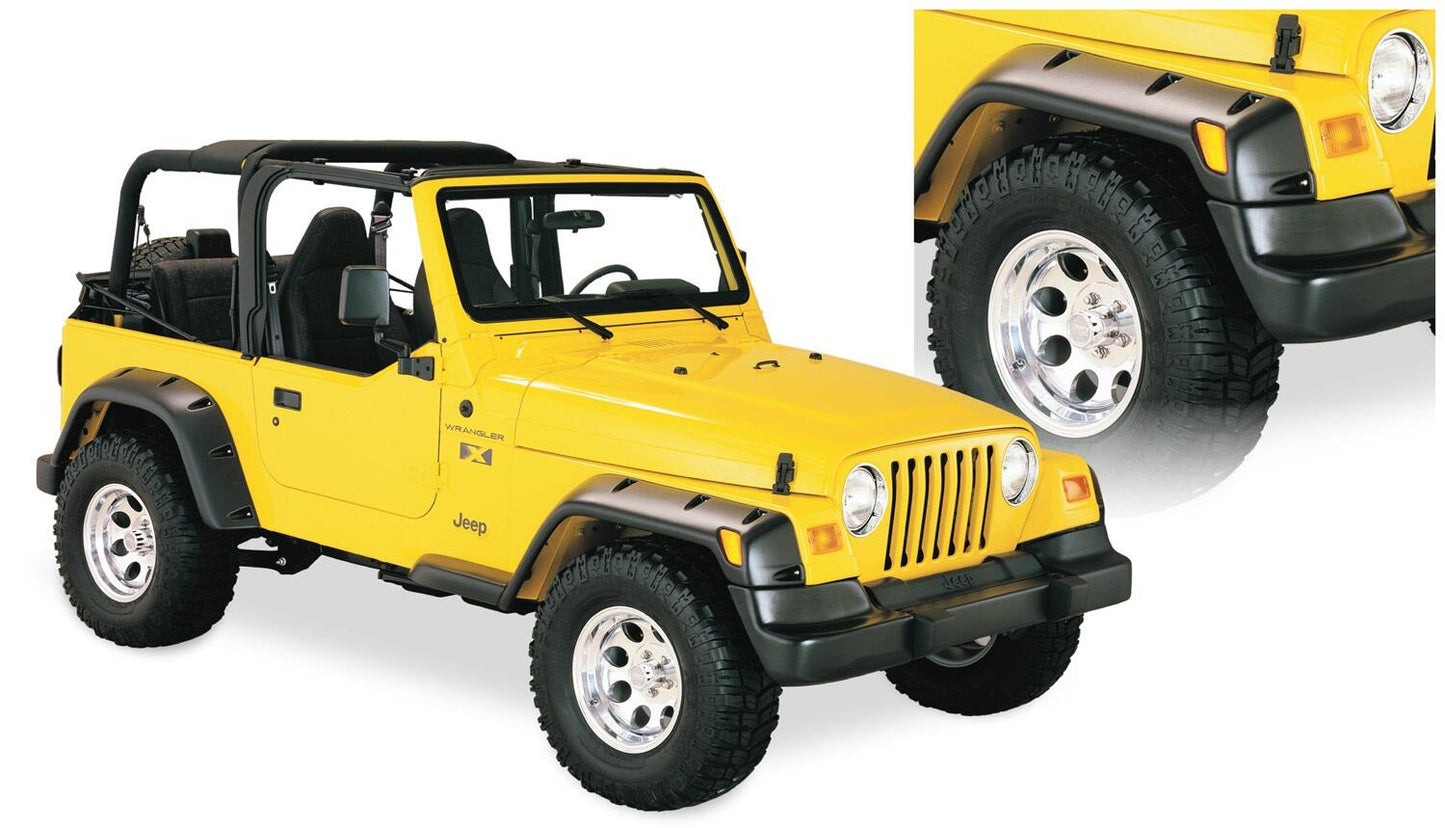 Black Large Pocket/Rivet Style Textured Finish 4-Piece Fender Flare Set For 1997-2006 Jeep Wrangler TJ, Euro Rubicon Conversion Package Bushwacker