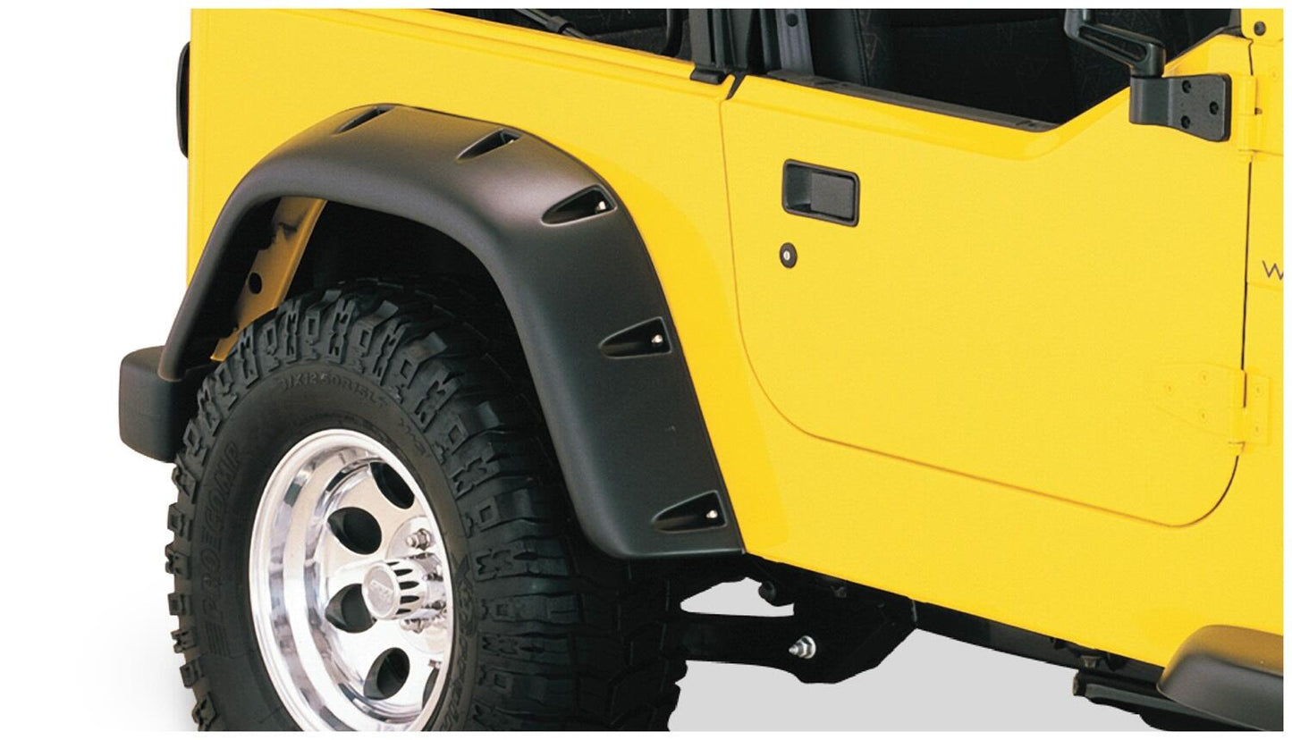 Black Large Pocket/Rivet Style Textured Finish 4-Piece Fender Flare Set For 1997-2006 Jeep Wrangler TJ, Euro Rubicon Conversion Package Bushwacker-2