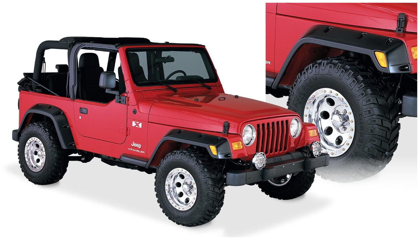 Black Pocket/Rivet Style Textured Finish 4-Piece Fender Flare Set For 1997-2006 Jeep Wrangler TJ Bushwacker