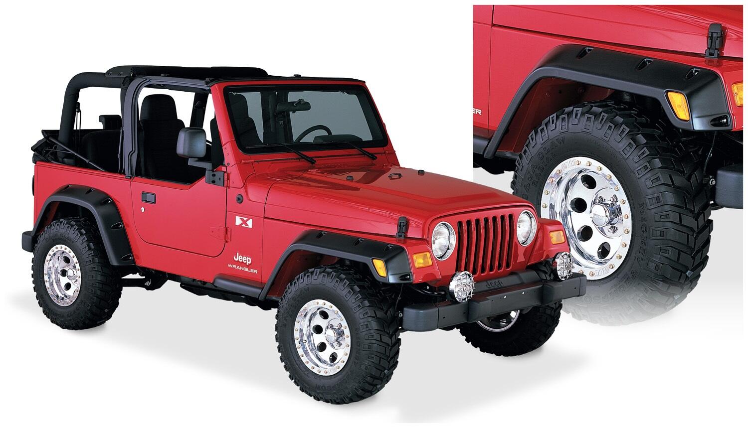 Black Pocket/Rivet Style Textured Finish 4-Piece Fender Flare Set For 1997-2006 Jeep Wrangler TJ Bushwacker