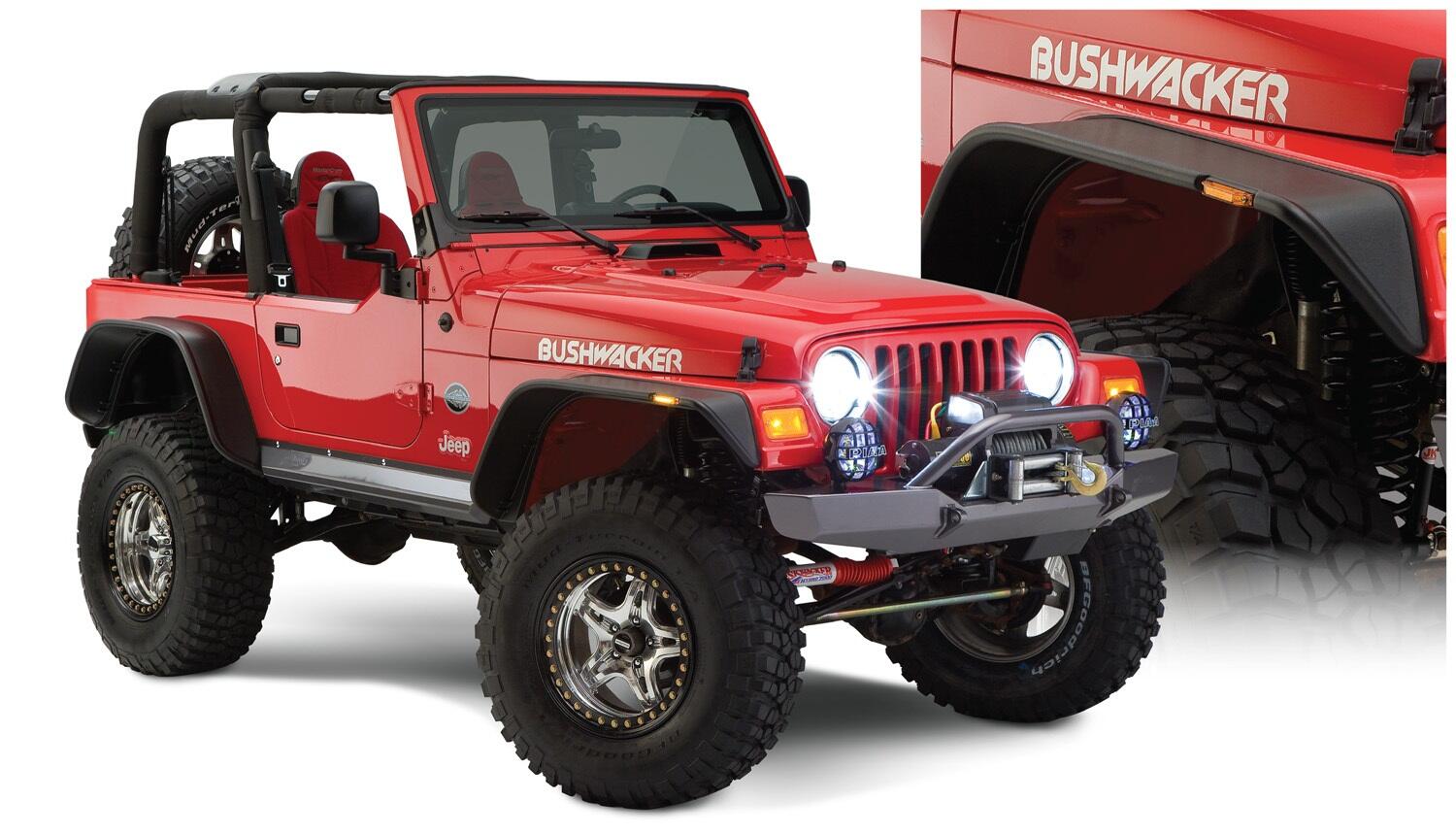 Black Jeep Flat Style Textured Finish 4-Piece Fender Flare Set For 1997-2006 Jeep Wrangler TJ Bushwacker