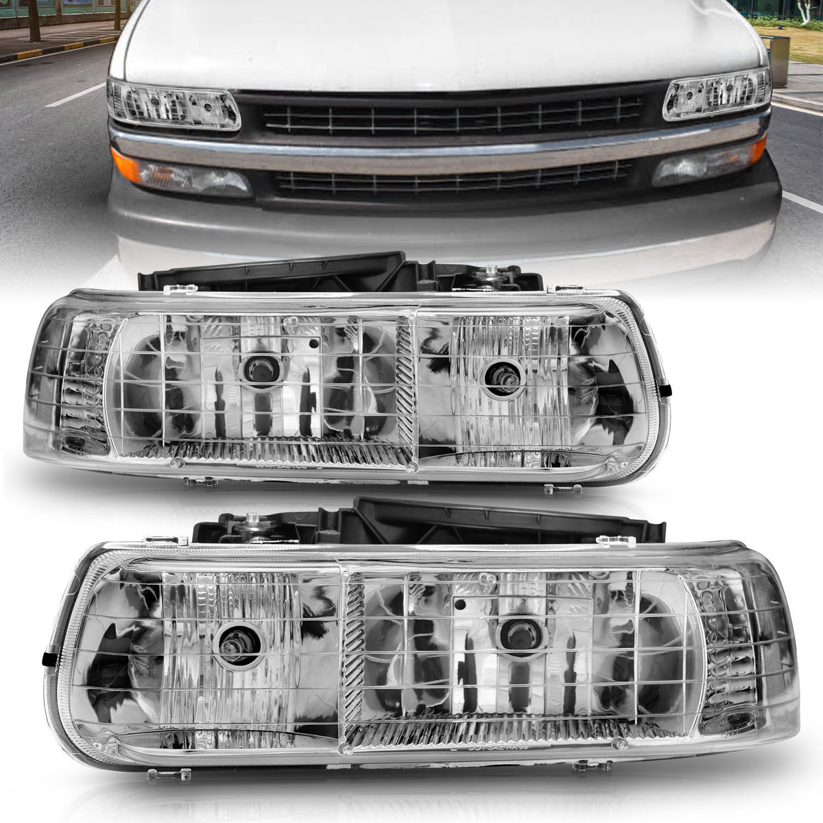 Headlight Set Crystal Clear Lens Chrome Housing Pair Does Not Fit Gmc Models Chevrolet Silverado 1500/2500 1999-2002, 1500 HD/2500 HD/3500 2001-2002, Chevrolet Suburban 1500/2500/Tahoe 2000-2006 AnzoUSA-2