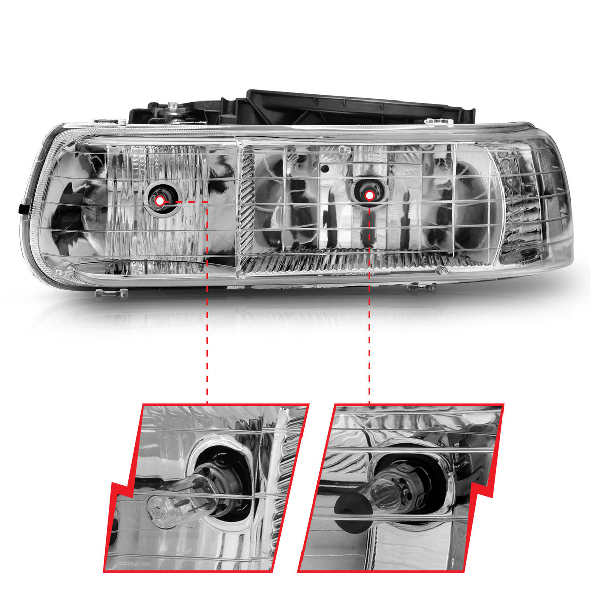 Headlight Set Crystal Clear Lens Chrome Housing Pair Does Not Fit Gmc Models Chevrolet Silverado 1500/2500 1999-2002, 1500 HD/2500 HD/3500 2001-2002, Chevrolet Suburban 1500/2500/Tahoe 2000-2006 AnzoUSA-4