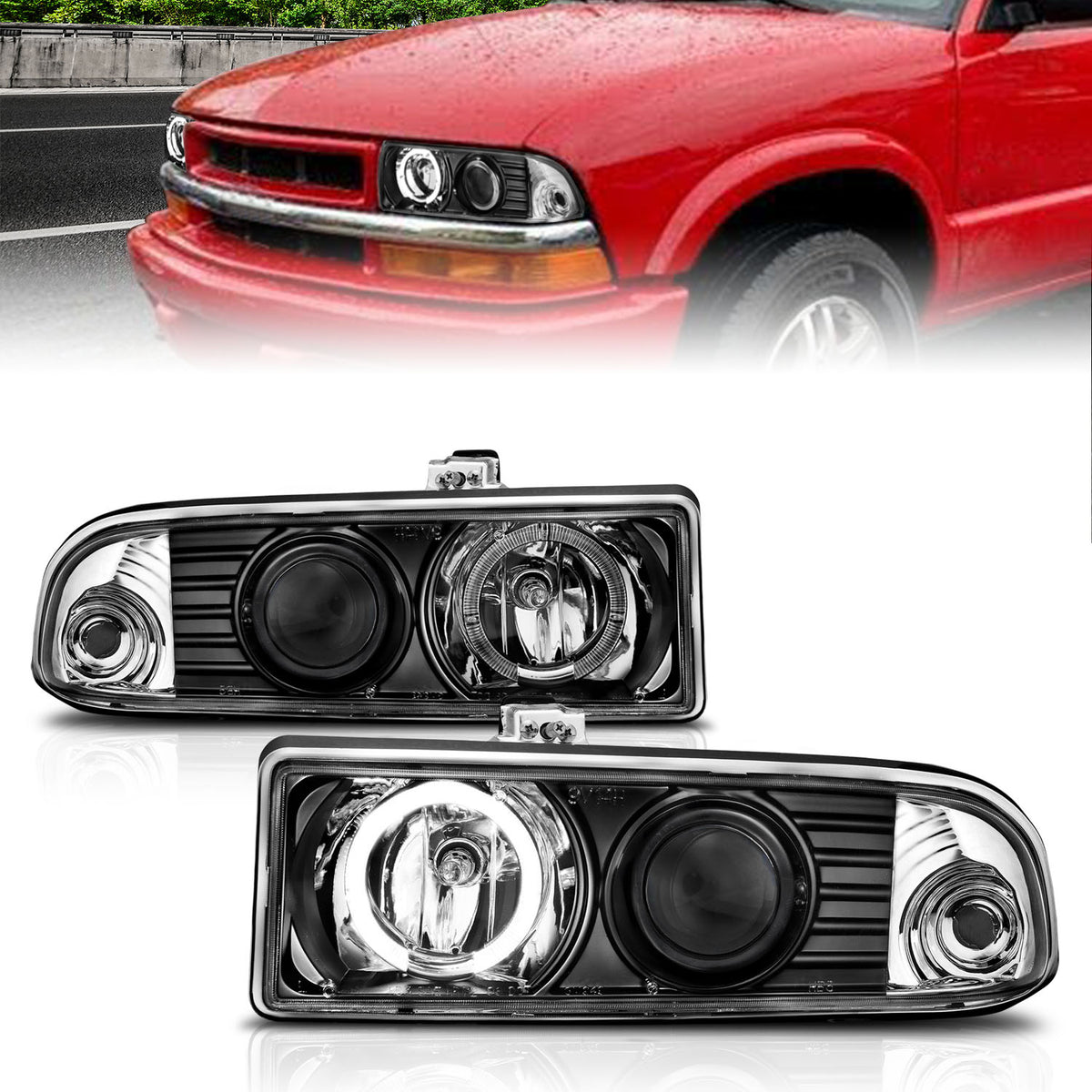 Headlight Set Projector w/Halo Clear Lens Pair LED Black Not For Use W/Factory Fog Lights Does Not Fit Models With Factory Fog Lights Chevrolet Blazer/S10 1998-2004 AnzoUSA-3