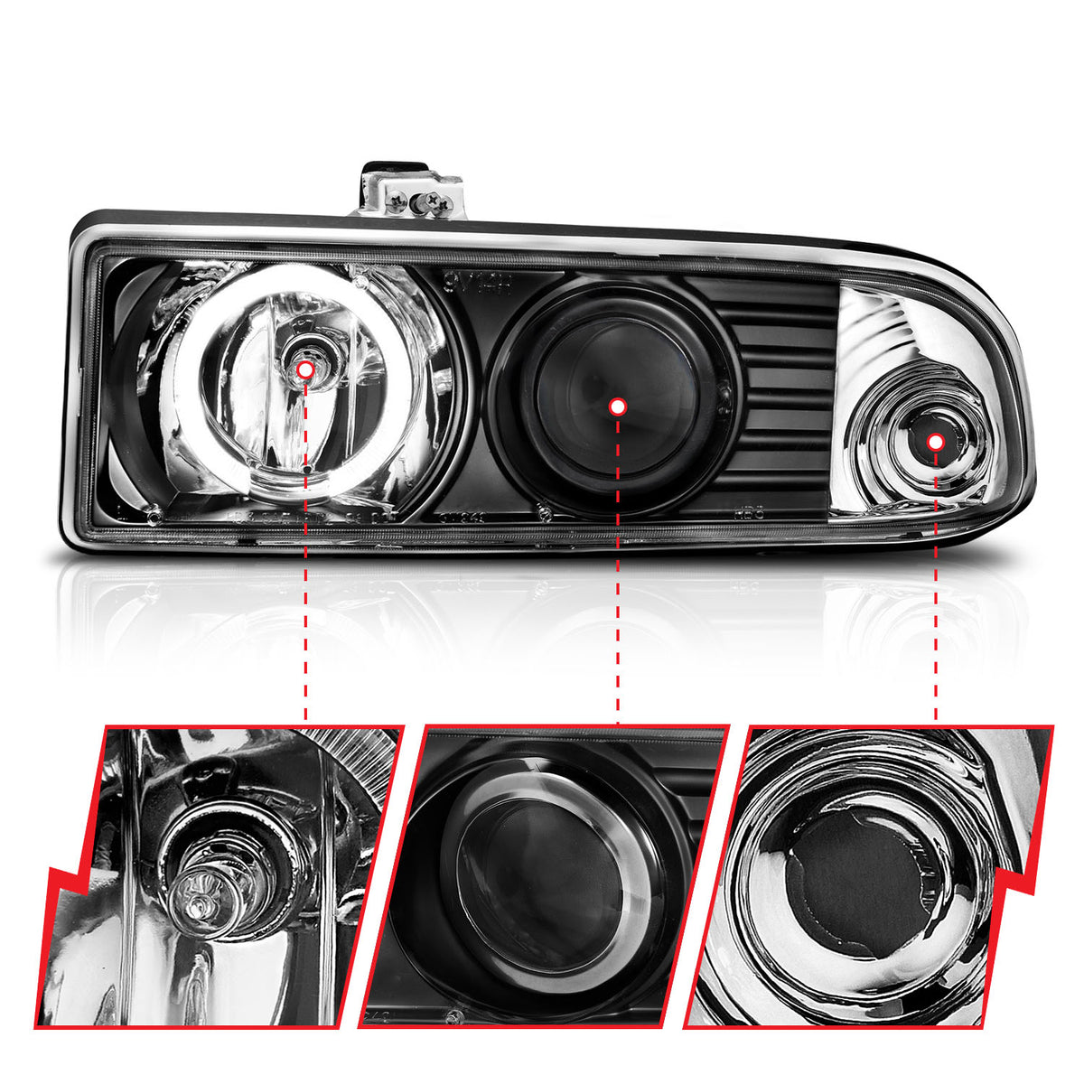 Headlight Set Projector w/Halo Clear Lens Pair LED Black Not For Use W/Factory Fog Lights Does Not Fit Models With Factory Fog Lights Chevrolet Blazer/S10 1998-2004 AnzoUSA-5