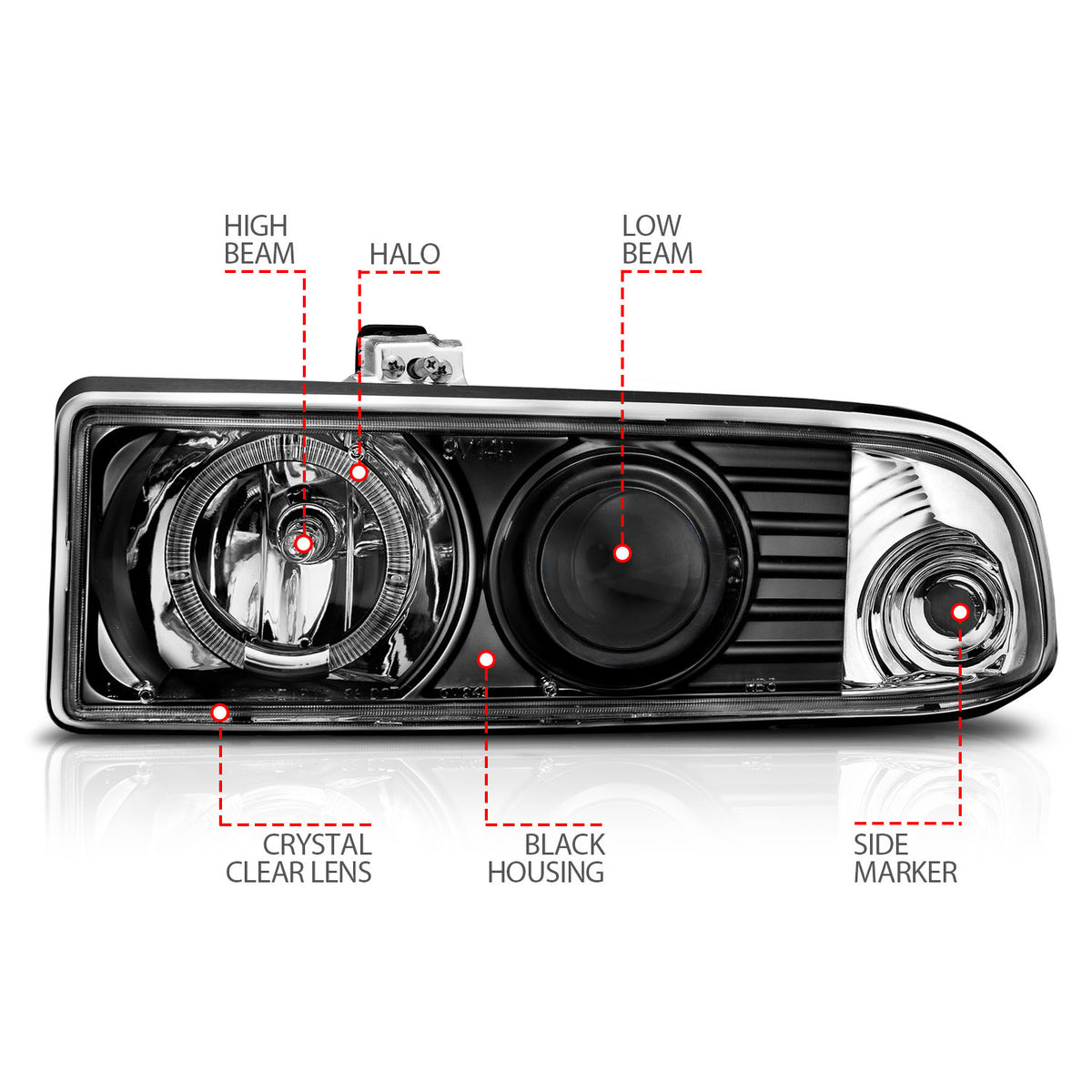 Headlight Set Projector w/Halo Clear Lens Pair LED Black Not For Use W/Factory Fog Lights Does Not Fit Models With Factory Fog Lights Chevrolet Blazer/S10 1998-2004 AnzoUSA-6