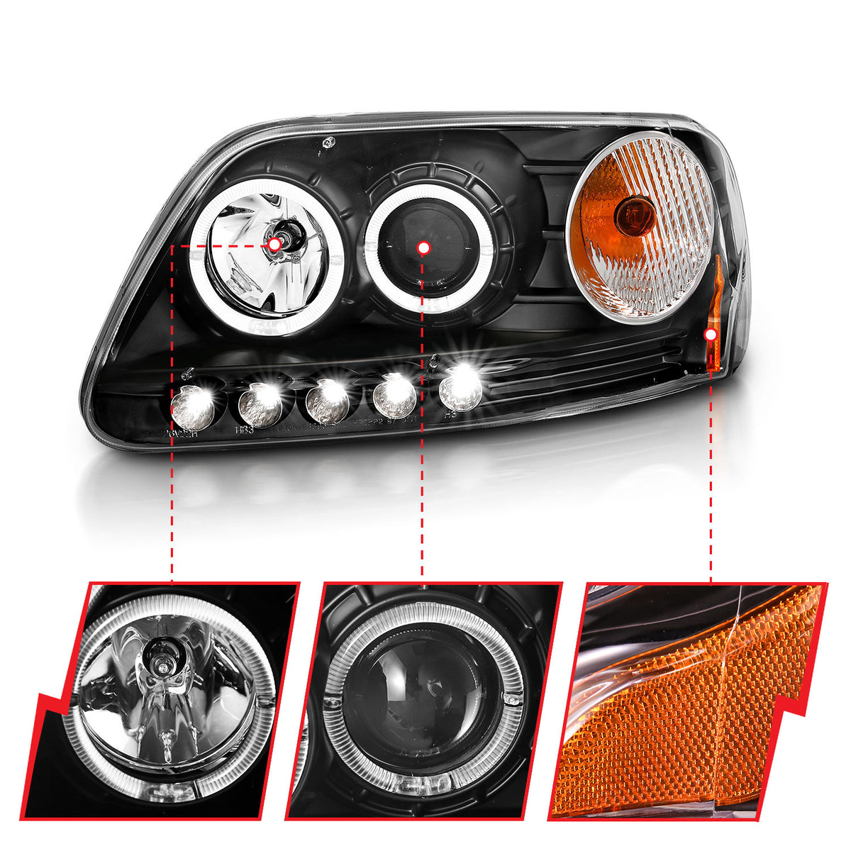 Headlight Set Projector w/Halo Clear Lens Black Housing Pair w/1 Pc. LED Does Not Fit F-150 Svt Lightning Models Ford Expedition 1997-2002, Ford F-150 1997-2003 AnzoUSA-5
