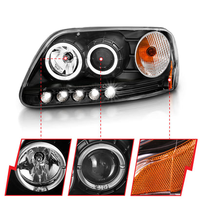Headlight Set Projector w/Halo Clear Lens Black Housing Pair w/1 Pc. LED Does Not Fit F-150 Svt Lightning Models Ford Expedition 1997-2002, Ford F-150 1997-2003 AnzoUSA-5