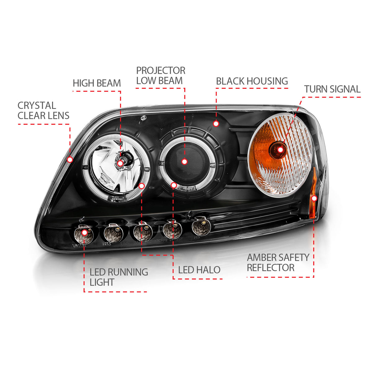 Headlight Set Projector w/Halo Clear Lens Black Housing Pair w/1 Pc. LED Does Not Fit F-150 Svt Lightning Models Ford Expedition 1997-2002, Ford F-150 1997-2003 AnzoUSA-6