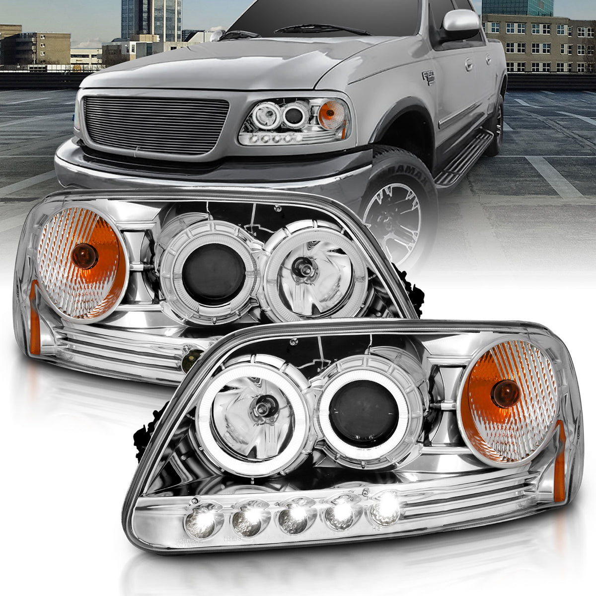 Headlight Set Projector w/Halo Clear Lens Chrome Housing Pair w/1 Pc. LED Does Not Fit F-150 Svt Lightning Models Ford Expedition 1997-2002, Ford F-150 1997-2003 AnzoUSA-3