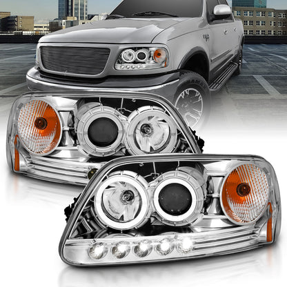 Headlight Set Projector w/Halo Clear Lens Chrome Housing Pair w/1 Pc. LED Does Not Fit F-150 Svt Lightning Models Ford Expedition 1997-2002, Ford F-150 1997-2003 AnzoUSA-3