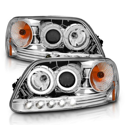 Headlight Set Projector w/Halo Clear Lens Chrome Housing Pair w/1 Pc. LED Does Not Fit F-150 Svt Lightning Models Ford Expedition 1997-2002, Ford F-150 1997-2003 AnzoUSA-4