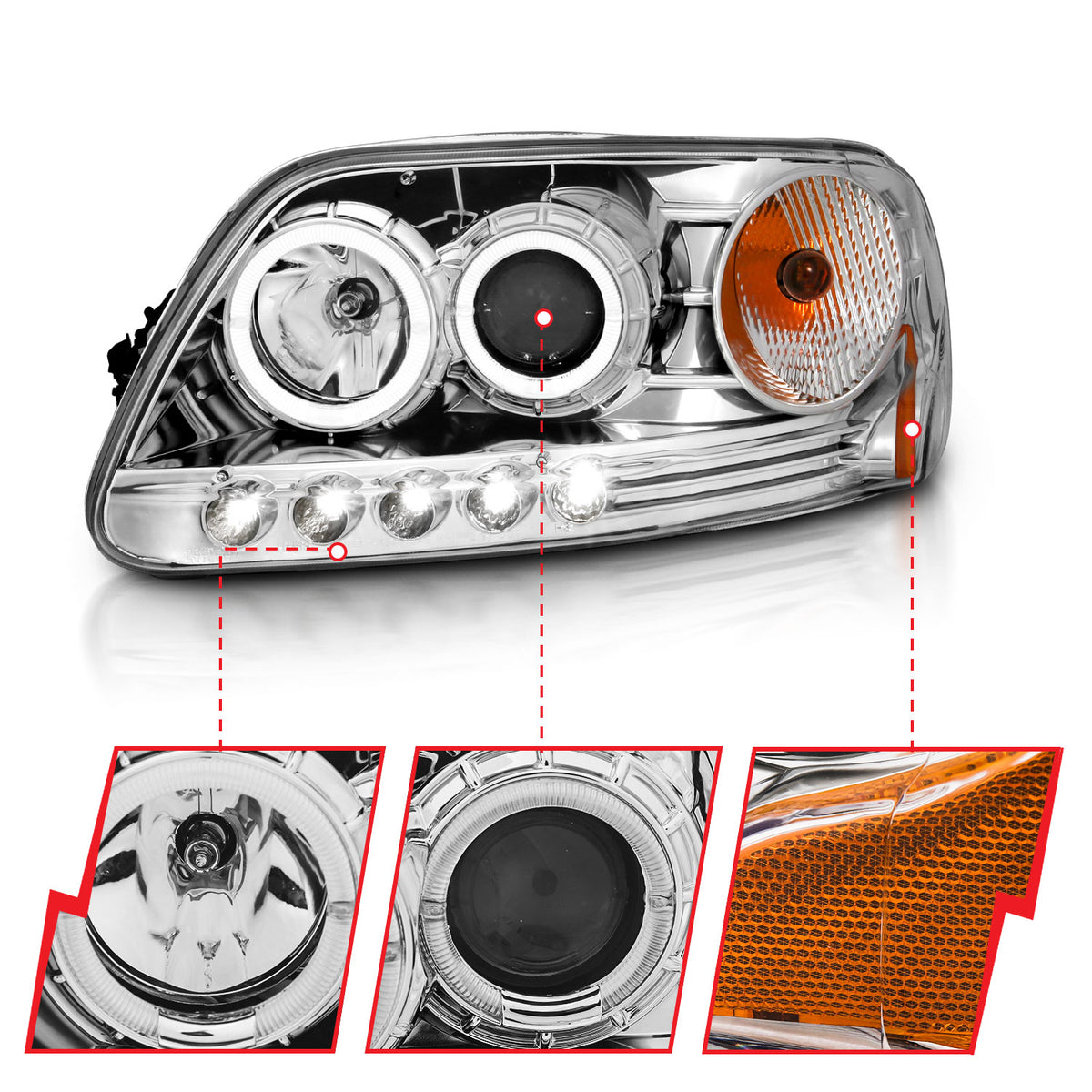 Headlight Set Projector w/Halo Clear Lens Chrome Housing Pair w/1 Pc. LED Does Not Fit F-150 Svt Lightning Models Ford Expedition 1997-2002, Ford F-150 1997-2003 AnzoUSA-5