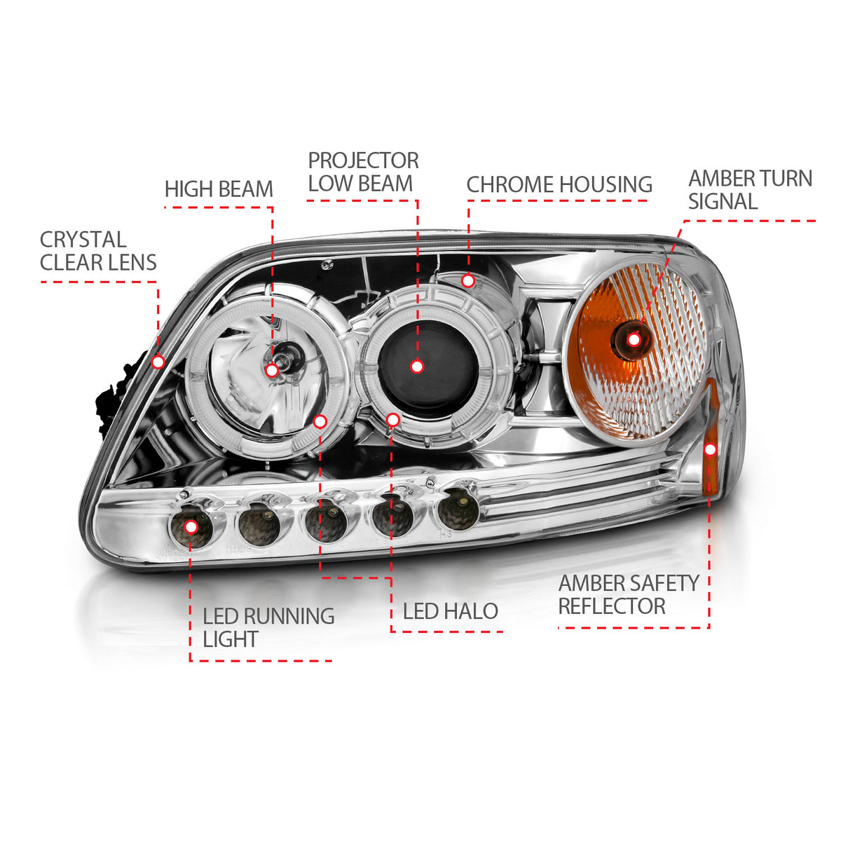 Headlight Set Projector w/Halo Clear Lens Chrome Housing Pair w/1 Pc. LED Does Not Fit F-150 Svt Lightning Models Ford Expedition 1997-2002, Ford F-150 1997-2003 AnzoUSA-6
