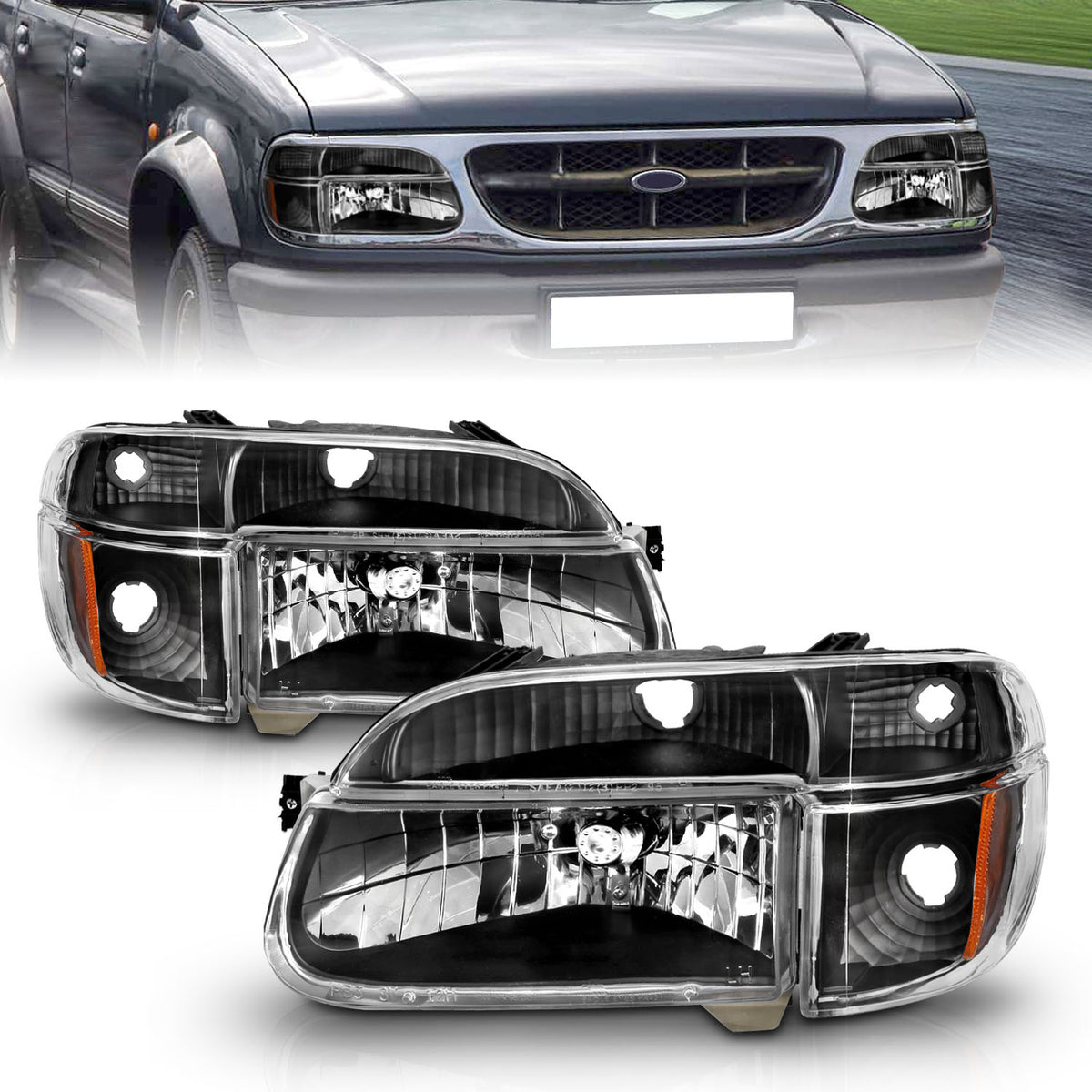 Headlight Set Crystal Headlights Black W/ Corner Lights 2pc Ford Explorer 1995-2001 AnzoUSA-2