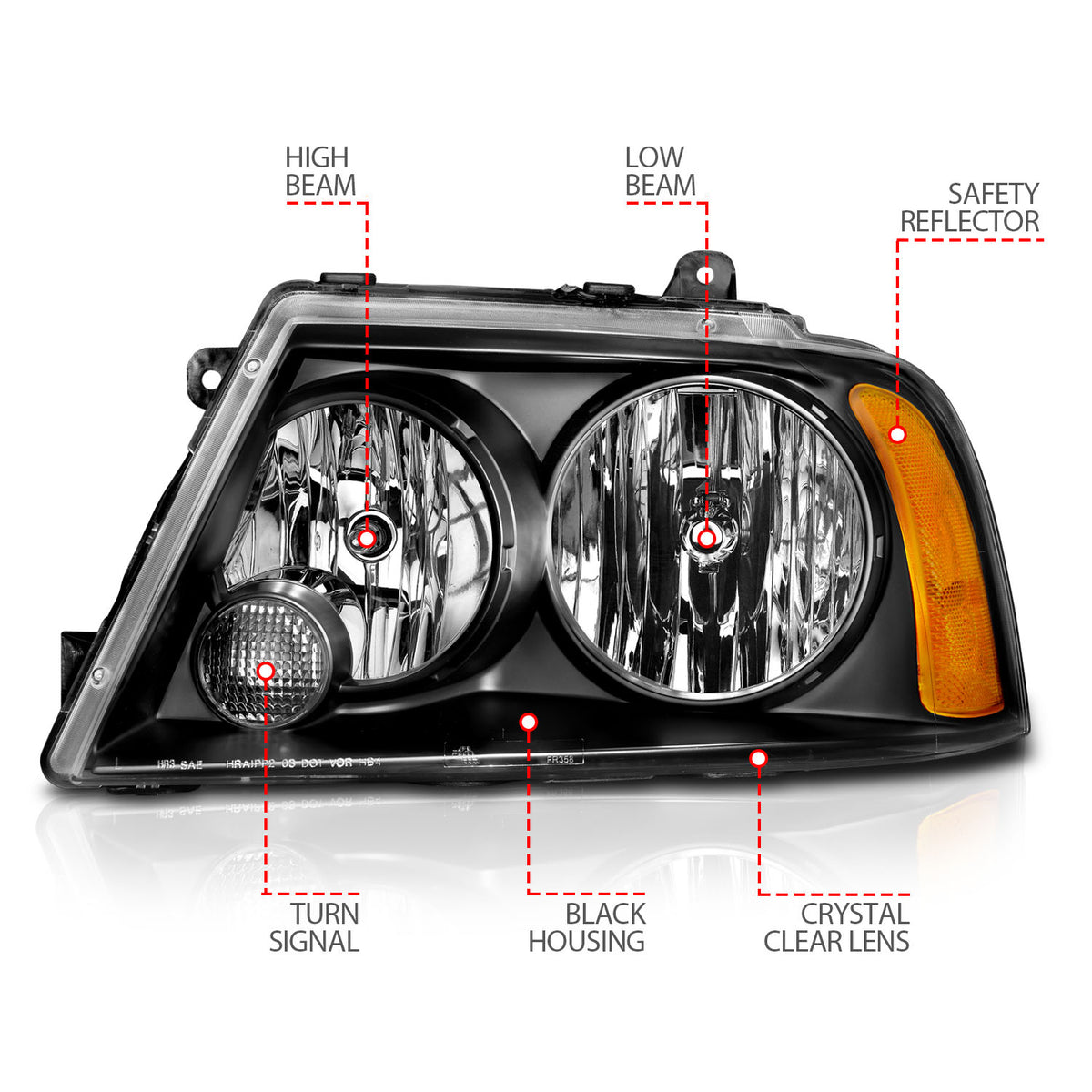 Headlight Set Crystal Clear Lens Black Housing Pair For Use W/Non HID Models Only Lincoln Navigator 2003-2006 AnzoUSA-5