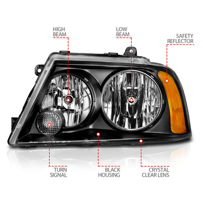 Headlight Set Crystal Clear Lens Black Housing Pair For Use W/Non HID Models Only Lincoln Navigator 2003-2006 AnzoUSA-5