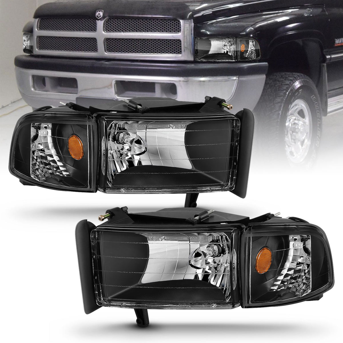 Headlight Set Crystal Clear Lens Black Housing Pair Does Not Fit Ram Models With Sport Package Dodge Ram 1500 1994-2001 Ram 2500/3500 1994-2002 AnzoUSA-2