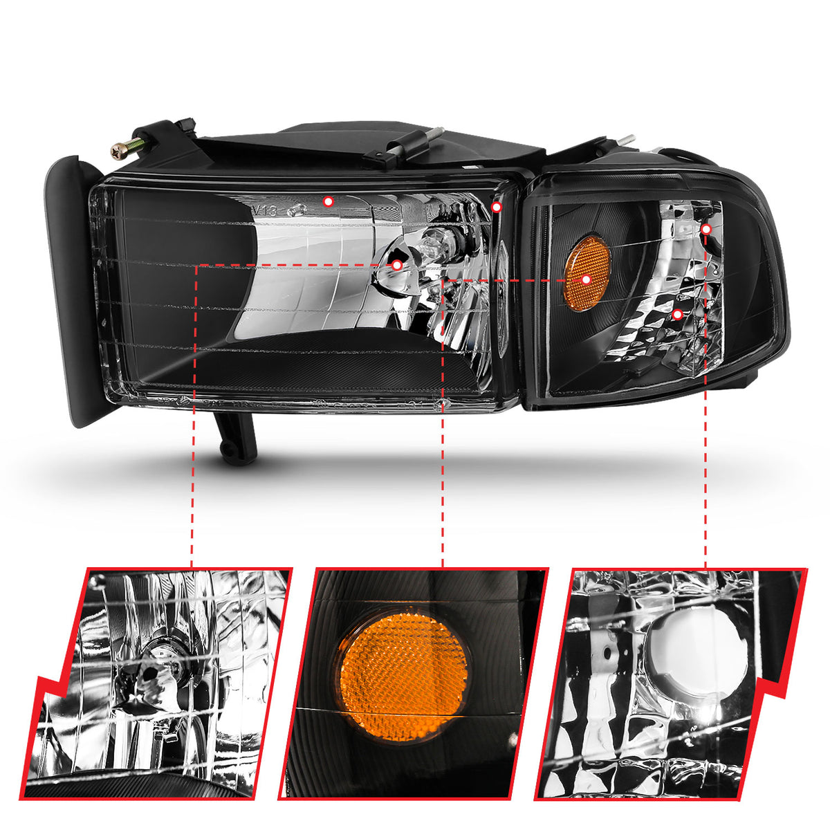 Headlight Set Crystal Clear Lens Black Housing Pair Does Not Fit Ram Models With Sport Package Dodge Ram 1500 1994-2001 Ram 2500/3500 1994-2002 AnzoUSA-4