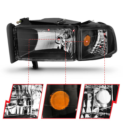 Headlight Set Crystal Clear Lens Black Housing Pair Does Not Fit Ram Models With Sport Package Dodge Ram 1500 1994-2001 Ram 2500/3500 1994-2002 AnzoUSA-4