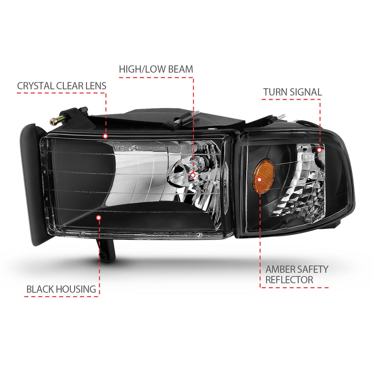 Headlight Set Crystal Clear Lens Black Housing Pair Does Not Fit Ram Models With Sport Package Dodge Ram 1500 1994-2001 Ram 2500/3500 1994-2002 AnzoUSA-5
