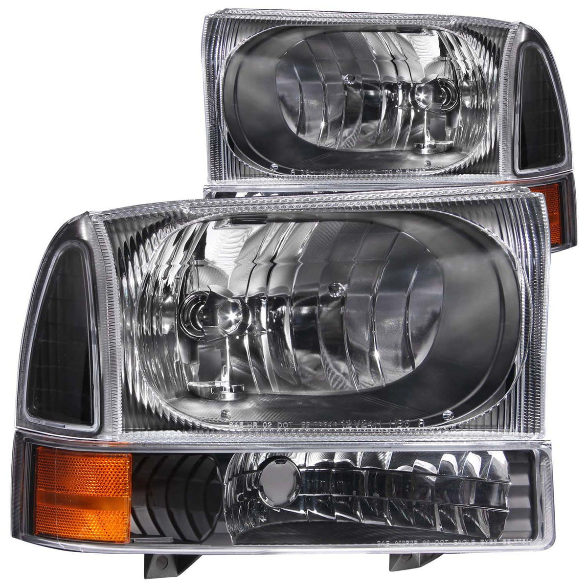 Headlight Set Crystal Clear Lens Black Housing Pair 2 Pc Does Not Fit F-250 Light Duty Or Sealed Beam Models Ford Excursion 2000-2004, Ford F-250/F-350/F-450/F-550 Super Duty 1999-2004 AnzoUSA