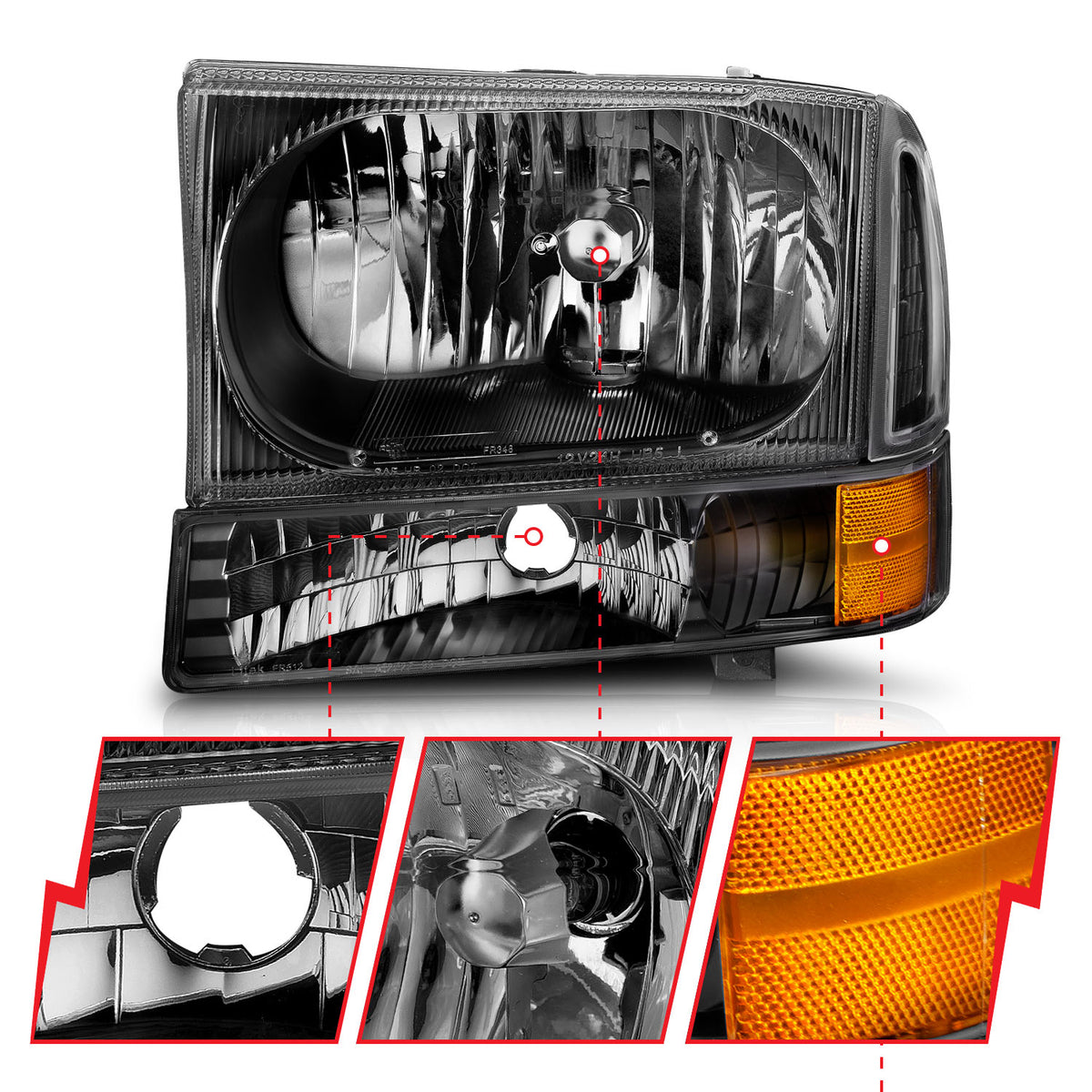 Headlight Set Crystal Clear Lens Black Housing Pair 2 Pc Does Not Fit F-250 Light Duty Or Sealed Beam Models Ford Excursion 2000-2004, Ford F-250/F-350/F-450/F-550 Super Duty 1999-2004 AnzoUSA-4