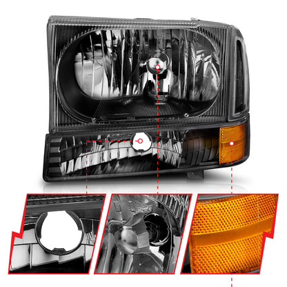Headlight Set Crystal Clear Lens Black Housing Pair 2 Pc Does Not Fit F-250 Light Duty Or Sealed Beam Models Ford Excursion 2000-2004, Ford F-250/F-350/F-450/F-550 Super Duty 1999-2004 AnzoUSA-4