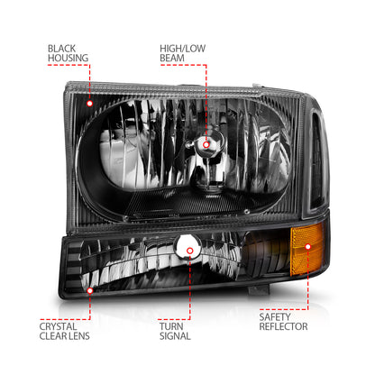 Headlight Set Crystal Clear Lens Black Housing Pair 2 Pc Does Not Fit F-250 Light Duty Or Sealed Beam Models Ford Excursion 2000-2004, Ford F-250/F-350/F-450/F-550 Super Duty 1999-2004 AnzoUSA-5