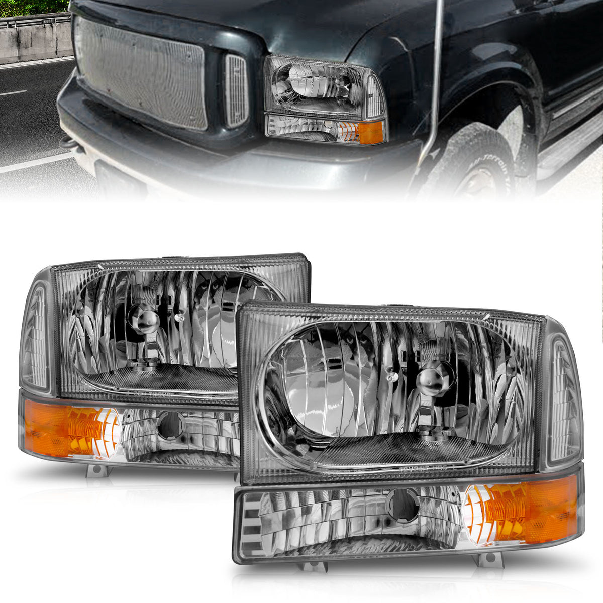 Headlight Set Crystal Clear Lens Chrome Housing Pair 2pc Not For Use W/Sealed Beam Headlights Does Not Fit F-250 Light Duty Or Sealed Beam Models Ford Excursion 2000-2004, Ford F-250/F-350/F-450/F-550 Super Duty 1999-2004 AnzoUSA-2