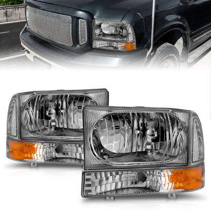 Headlight Set Crystal Clear Lens Chrome Housing Pair 2pc Not For Use W/Sealed Beam Headlights Does Not Fit F-250 Light Duty Or Sealed Beam Models Ford Excursion 2000-2004, Ford F-250/F-350/F-450/F-550 Super Duty 1999-2004 AnzoUSA-2