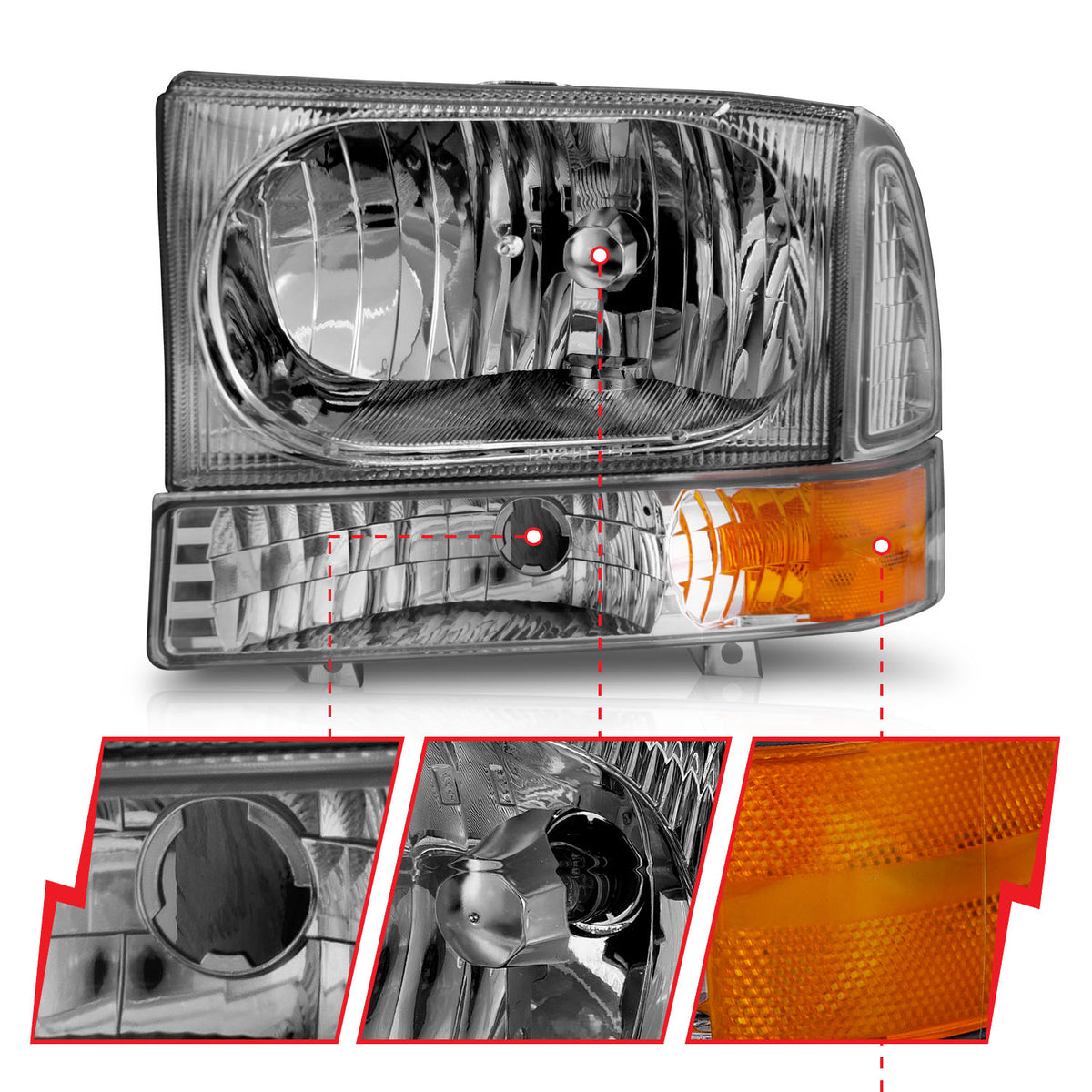 Headlight Set Crystal Clear Lens Chrome Housing Pair 2pc Not For Use W/Sealed Beam Headlights Does Not Fit F-250 Light Duty Or Sealed Beam Models Ford Excursion 2000-2004, Ford F-250/F-350/F-450/F-550 Super Duty 1999-2004 AnzoUSA-4