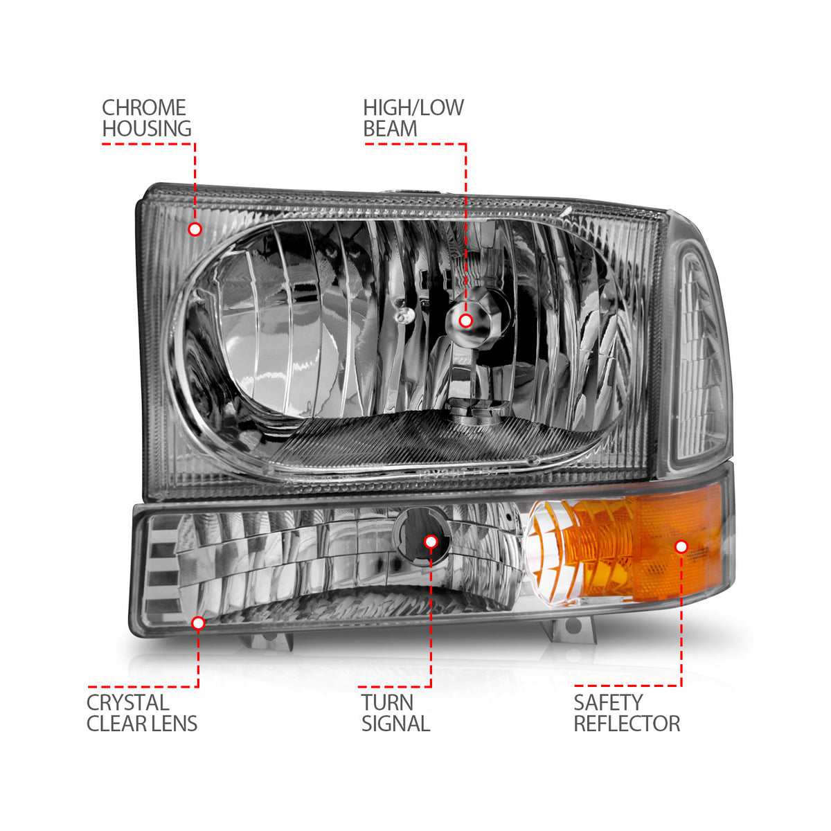 Headlight Set Crystal Clear Lens Chrome Housing Pair 2pc Not For Use W/Sealed Beam Headlights Does Not Fit F-250 Light Duty Or Sealed Beam Models Ford Excursion 2000-2004, Ford F-250/F-350/F-450/F-550 Super Duty 1999-2004 AnzoUSA-5