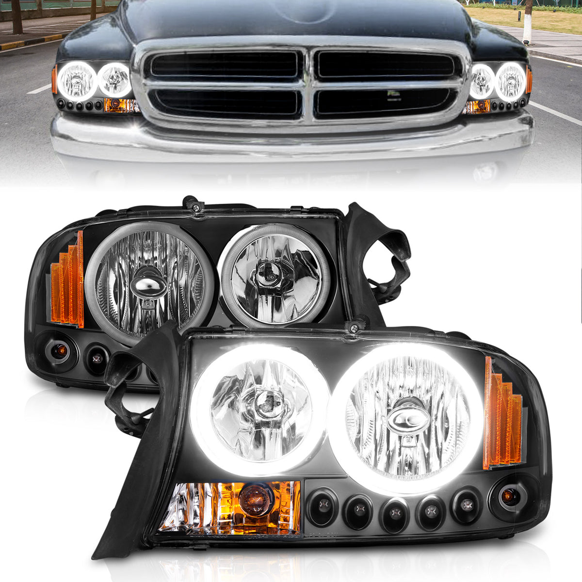 Headlight Set Crystal Clear Lens Black Housing Pair 1 Pc. Dodge Dakota 1997-2004, Dodge Durango 1998-2003 AnzoUSA-3