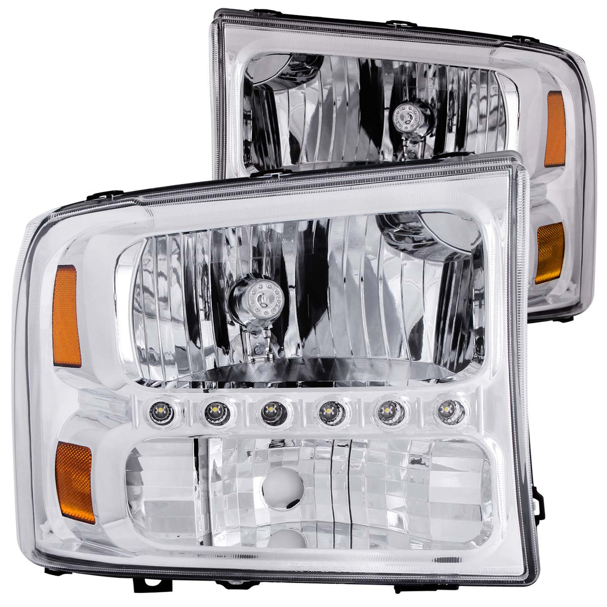 Headlight Set Crystal Clear Lens Chrome Housing Pair w/1 Pc. LED Not For Use W/Sealed Beam Headlights Does Not Fit F-250 Light Duty Or Sealed Beam Models Ford Excursion 2000-2004, Ford F-250/F-350/F-450/F-550 Super Duty 1999-2004 AnzoUSA