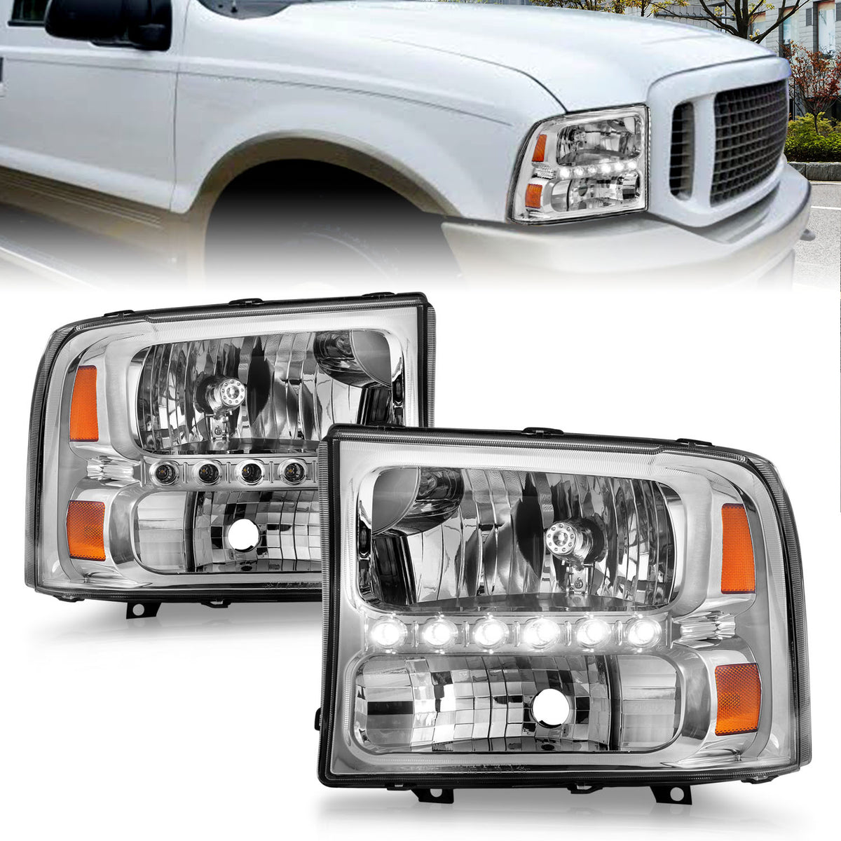 Headlight Set Crystal Clear Lens Chrome Housing Pair w/1 Pc. LED Not For Use W/Sealed Beam Headlights Does Not Fit F-250 Light Duty Or Sealed Beam Models Ford Excursion 2000-2004, Ford F-250/F-350/F-450/F-550 Super Duty 1999-2004 AnzoUSA-3