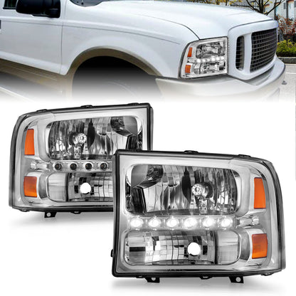 Headlight Set Crystal Clear Lens Chrome Housing Pair w/1 Pc. LED Not For Use W/Sealed Beam Headlights Does Not Fit F-250 Light Duty Or Sealed Beam Models Ford Excursion 2000-2004, Ford F-250/F-350/F-450/F-550 Super Duty 1999-2004 AnzoUSA-3