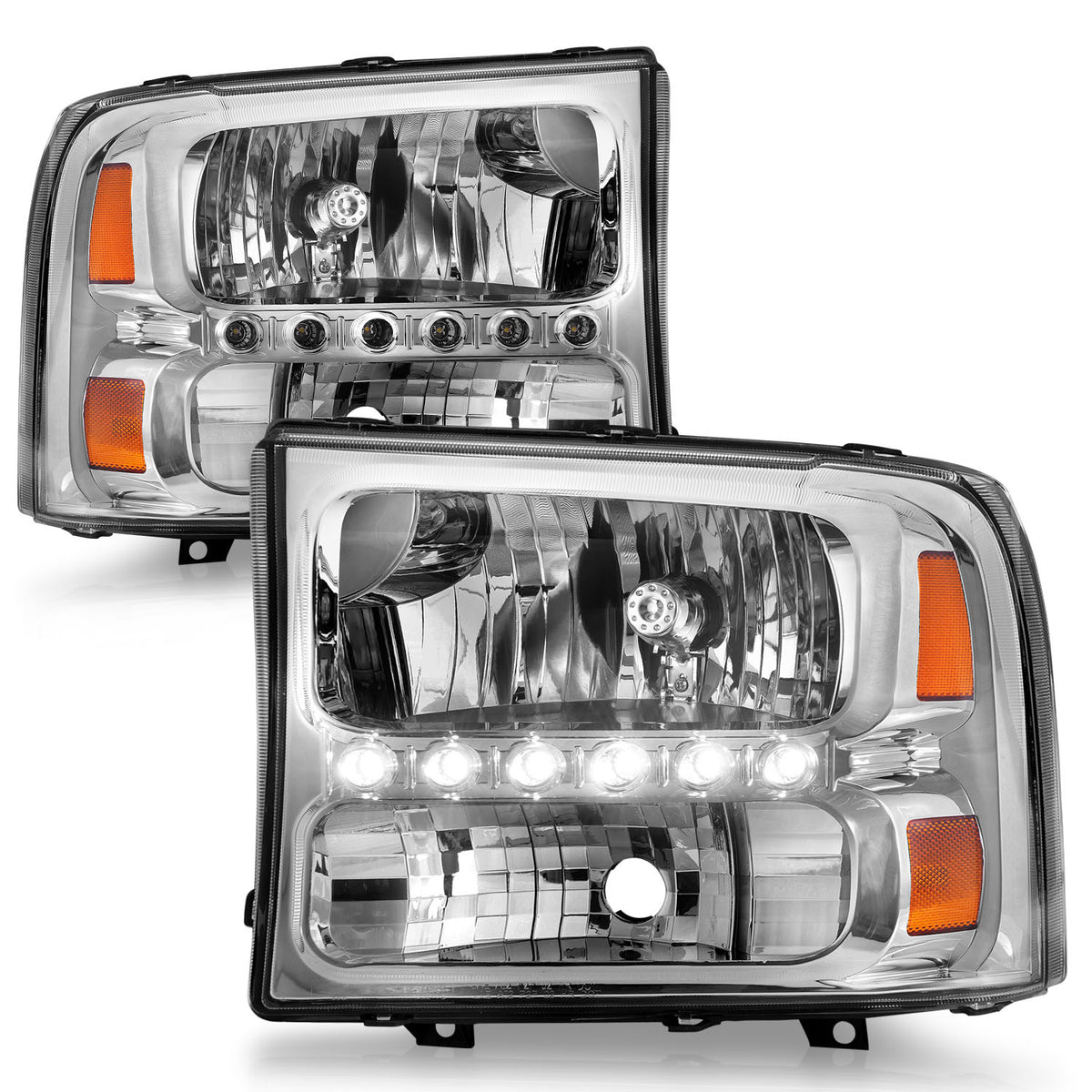 Headlight Set Crystal Clear Lens Chrome Housing Pair w/1 Pc. LED Not For Use W/Sealed Beam Headlights Does Not Fit F-250 Light Duty Or Sealed Beam Models Ford Excursion 2000-2004, Ford F-250/F-350/F-450/F-550 Super Duty 1999-2004 AnzoUSA-4