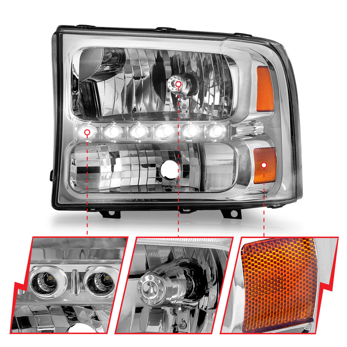 Headlight Set Crystal Clear Lens Chrome Housing Pair w/1 Pc. LED Not For Use W/Sealed Beam Headlights Does Not Fit F-250 Light Duty Or Sealed Beam Models Ford Excursion 2000-2004, Ford F-250/F-350/F-450/F-550 Super Duty 1999-2004 AnzoUSA-5