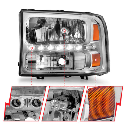Headlight Set Crystal Clear Lens Chrome Housing Pair w/1 Pc. LED Not For Use W/Sealed Beam Headlights Does Not Fit F-250 Light Duty Or Sealed Beam Models Ford Excursion 2000-2004, Ford F-250/F-350/F-450/F-550 Super Duty 1999-2004 AnzoUSA-5