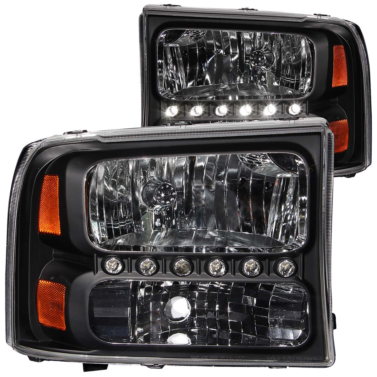 Headlight Set Crystal Clear Lens Black Housing w/1 Pc. LED Strip Pair Not For Use W/Sealed Beam Headlights Does Not Fit F-250 Light Duty Or Sealed Beam Models Ford Excursion 2000-2004, Ford F-250/F-350/F-450/F-550 Super Duty 1999-2004 AnzoUSA