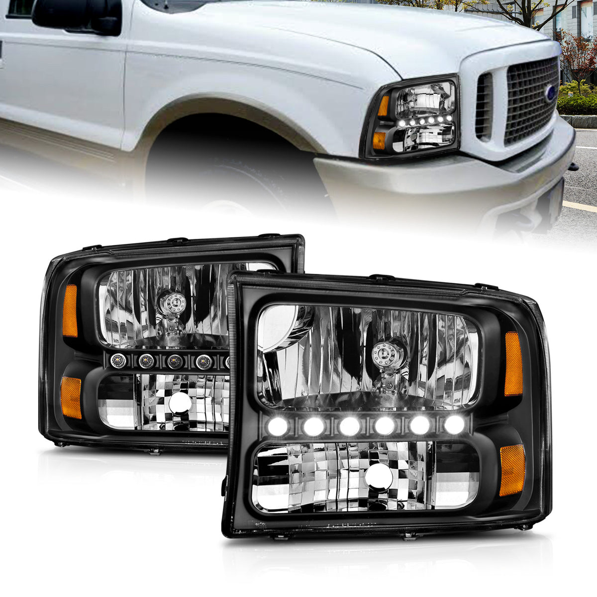 Headlight Set Crystal Clear Lens Black Housing w/1 Pc. LED Strip Pair Not For Use W/Sealed Beam Headlights Does Not Fit F-250 Light Duty Or Sealed Beam Models Ford Excursion 2000-2004, Ford F-250/F-350/F-450/F-550 Super Duty 1999-2004 AnzoUSA-3