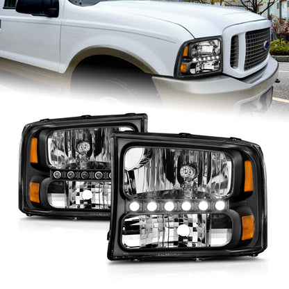 Headlight Set Crystal Clear Lens Black Housing w/1 Pc. LED Strip Pair Not For Use W/Sealed Beam Headlights Does Not Fit F-250 Light Duty Or Sealed Beam Models Ford Excursion 2000-2004, Ford F-250/F-350/F-450/F-550 Super Duty 1999-2004 AnzoUSA-3
