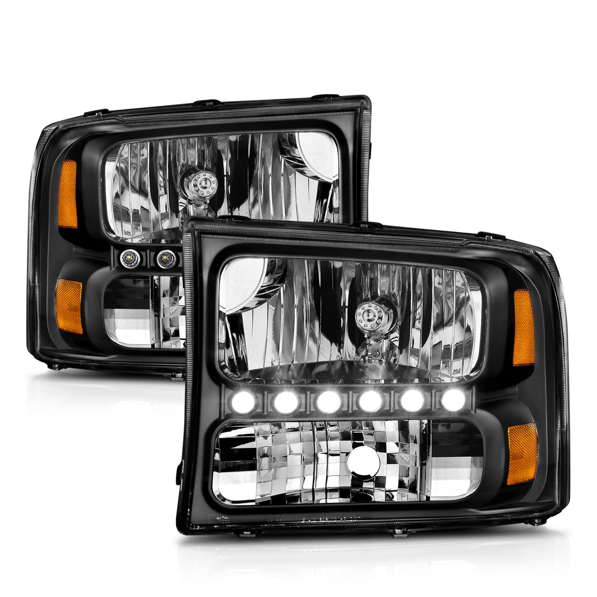 Headlight Set Crystal Clear Lens Black Housing w/1 Pc. LED Strip Pair Not For Use W/Sealed Beam Headlights Does Not Fit F-250 Light Duty Or Sealed Beam Models Ford Excursion 2000-2004, Ford F-250/F-350/F-450/F-550 Super Duty 1999-2004 AnzoUSA-4