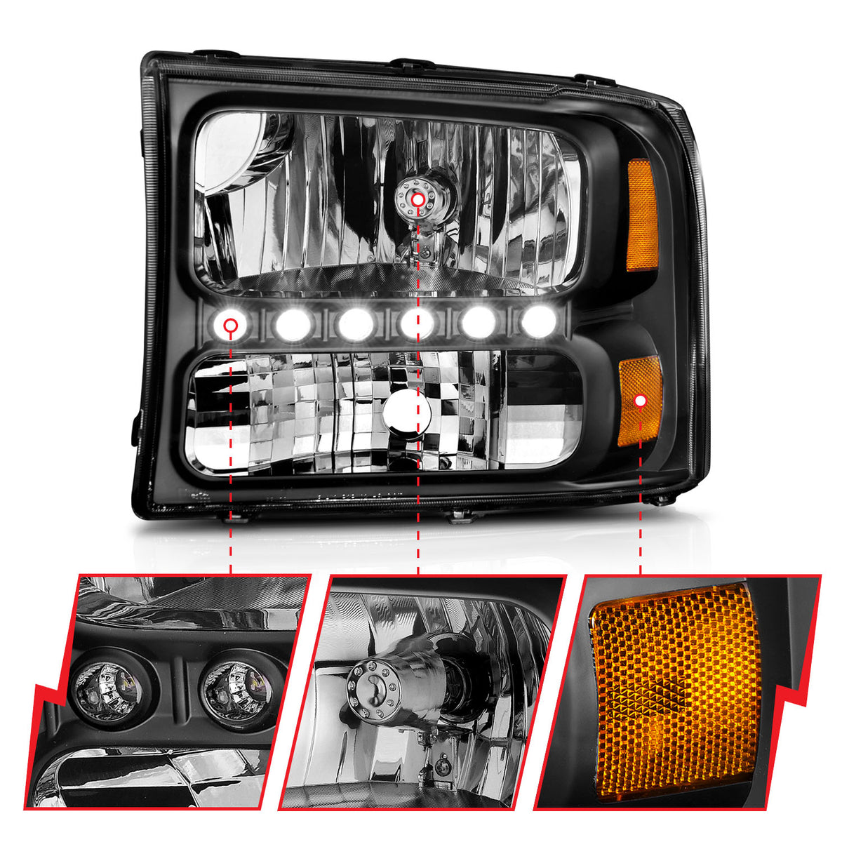 Headlight Set Crystal Clear Lens Black Housing w/1 Pc. LED Strip Pair Not For Use W/Sealed Beam Headlights Does Not Fit F-250 Light Duty Or Sealed Beam Models Ford Excursion 2000-2004, Ford F-250/F-350/F-450/F-550 Super Duty 1999-2004 AnzoUSA-5