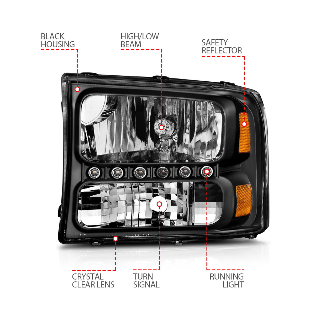 Headlight Set Crystal Clear Lens Black Housing w/1 Pc. LED Strip Pair Not For Use W/Sealed Beam Headlights Does Not Fit F-250 Light Duty Or Sealed Beam Models Ford Excursion 2000-2004, Ford F-250/F-350/F-450/F-550 Super Duty 1999-2004 AnzoUSA-6