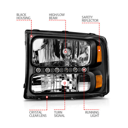 Headlight Set Crystal Clear Lens Black Housing w/1 Pc. LED Strip Pair Not For Use W/Sealed Beam Headlights Does Not Fit F-250 Light Duty Or Sealed Beam Models Ford Excursion 2000-2004, Ford F-250/F-350/F-450/F-550 Super Duty 1999-2004 AnzoUSA-6