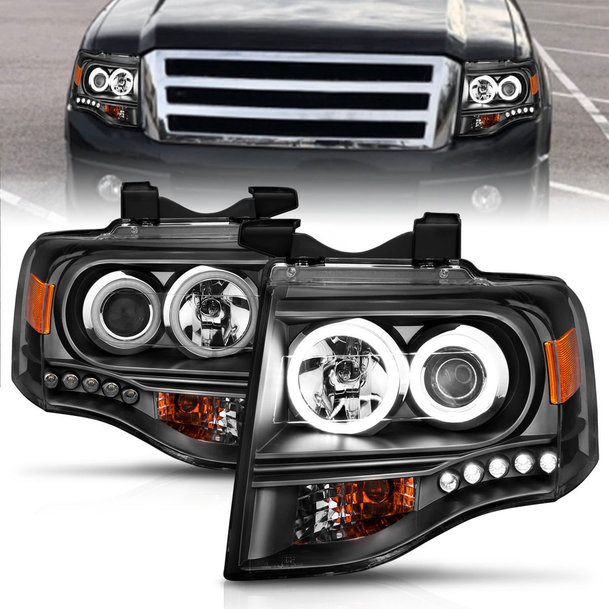 Headlight Set Projector w/Halo Clear Lens Black Housing Pair CCFL Ford Expedition 2007-2014 AnzoUSA-3
