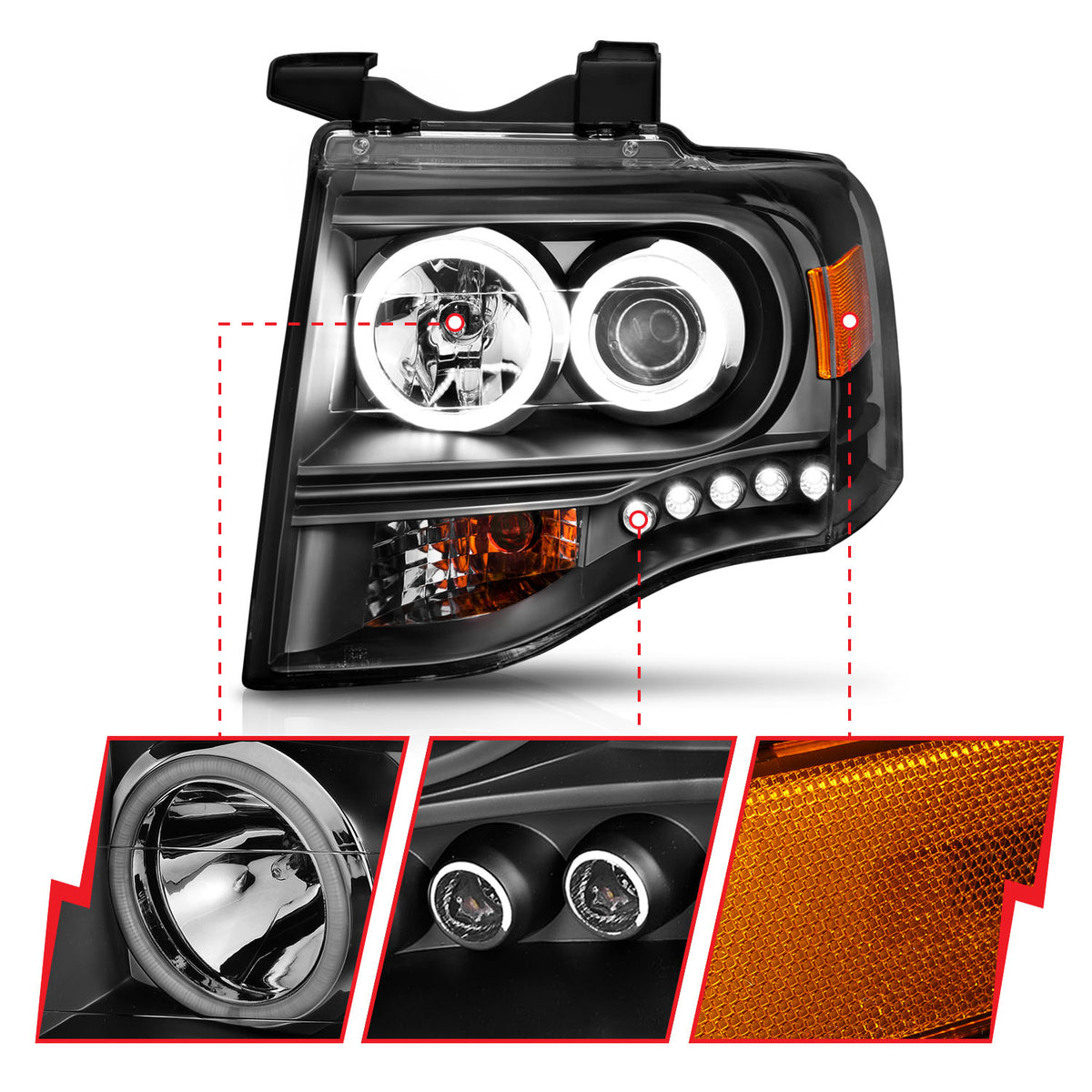 Headlight Set Projector w/Halo Clear Lens Black Housing Pair CCFL Ford Expedition 2007-2014 AnzoUSA-5